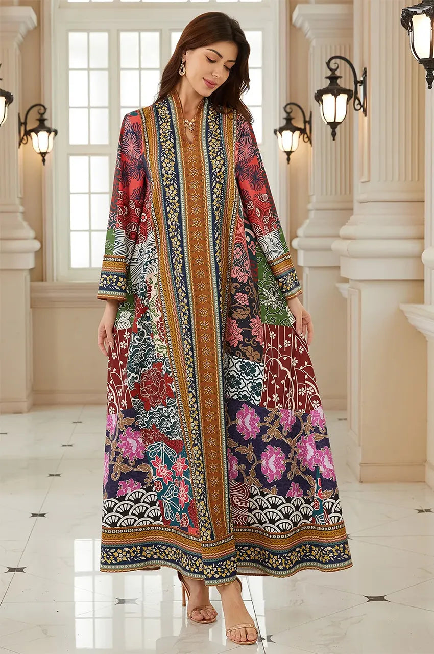 Full view of Liara red kaftan highlighting intricate digital print patterns.