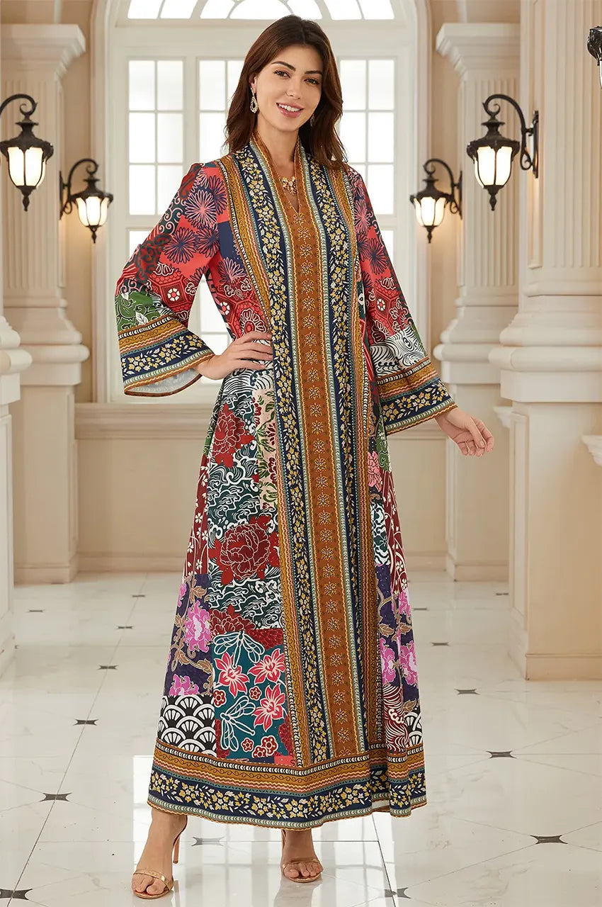 Waist-up view of Liara digital print kaftan featuring bold geometric motifs.