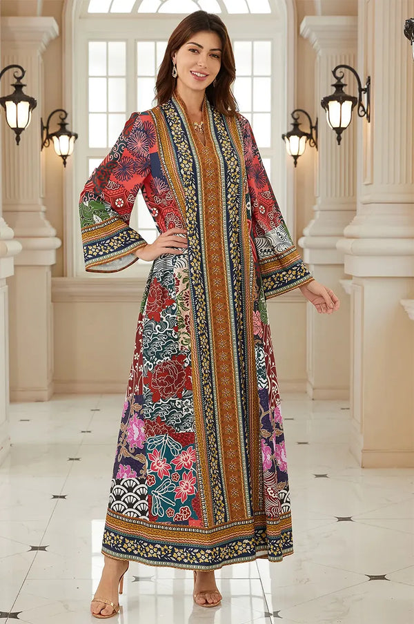 Waist-up view of Liara digital print kaftan featuring bold geometric motifs.