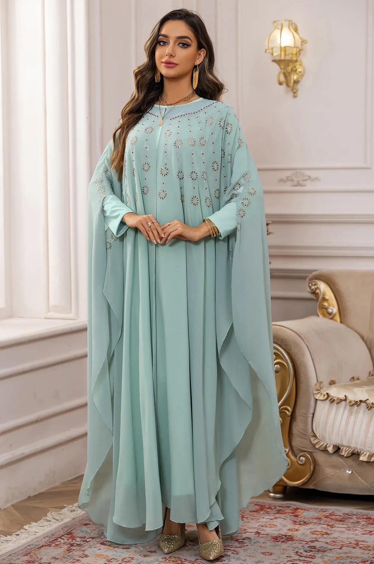 Detailed front view of the Light Green Cassia Rhinestone Kaftan, perfect for weddings and celebrations.