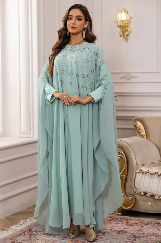 Detailed front view of the Light Green Cassia Rhinestone Kaftan, perfect for weddings and celebrations.
