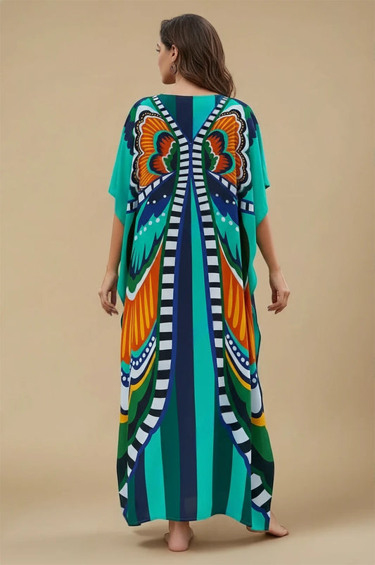 Back view of the Liorah gray boho kaftan with colorful artistic print