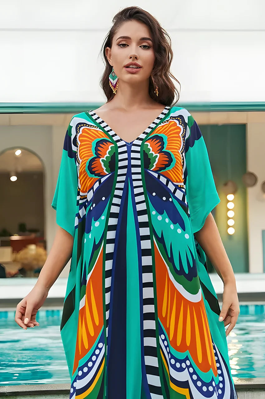 Half-body view of Liorah gray boho kaftan showing neckline and sleeve details
