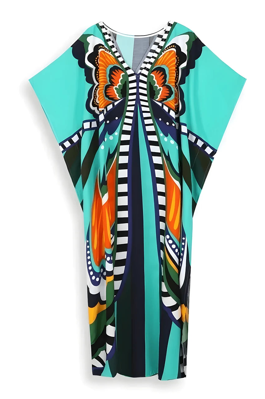 Liorah gray boho kaftan displayed on hanger showing full design