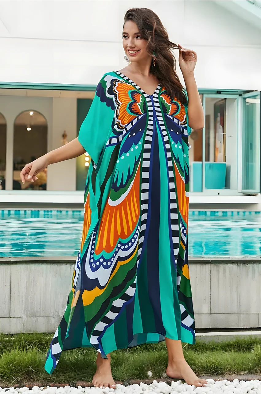Gray Liorah boho kaftan styled for resort wear near a swimming pool
