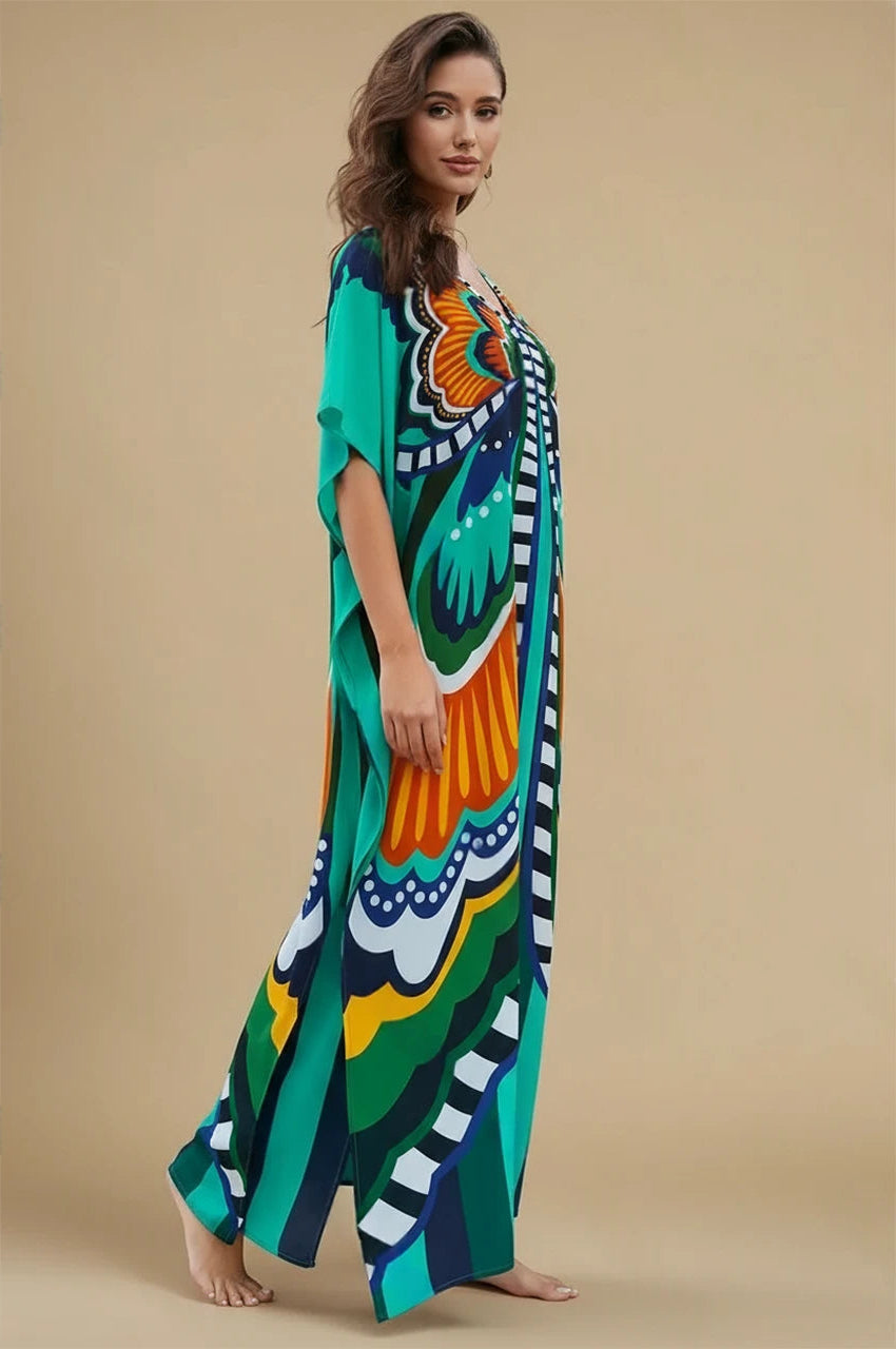 Side view of the Liorah gray boho kaftan featuring artistic bohemian patterns