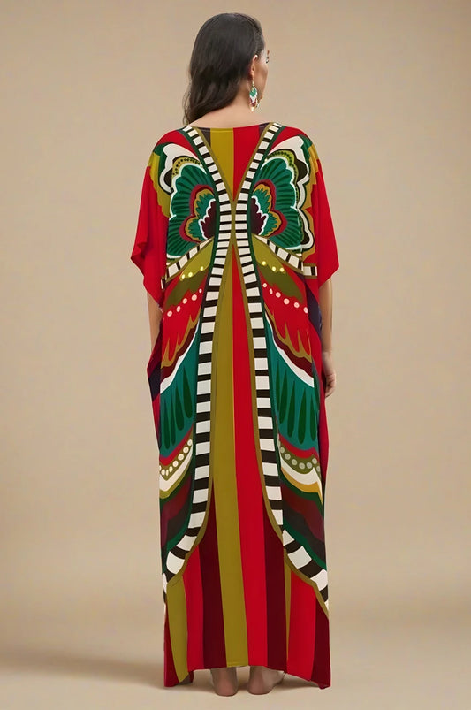 Back view of Liorah red boho kaftan showing butterfly wing pattern