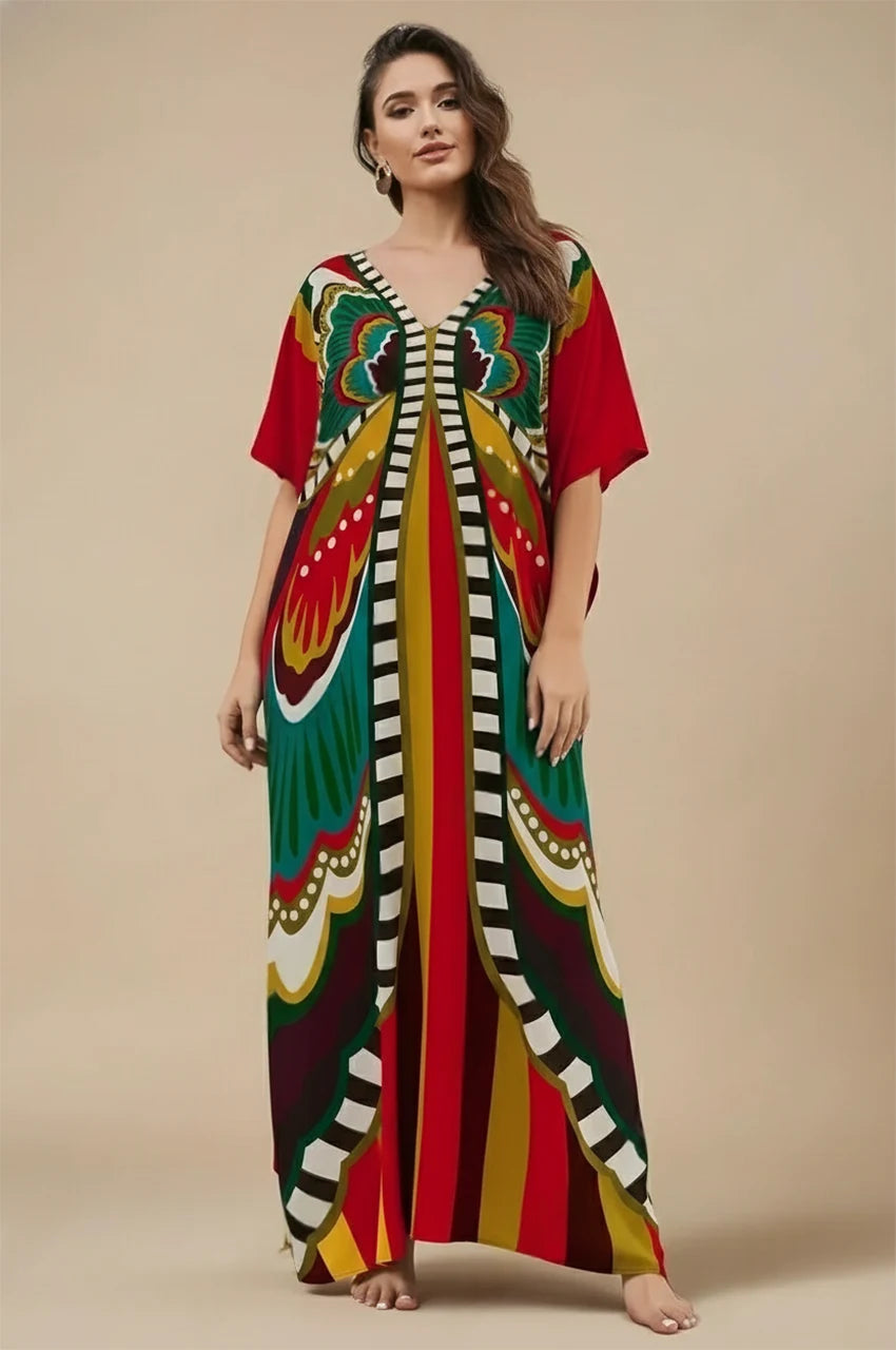 Front view of the Liorah red boho kaftan with colorful artistic butterfly print