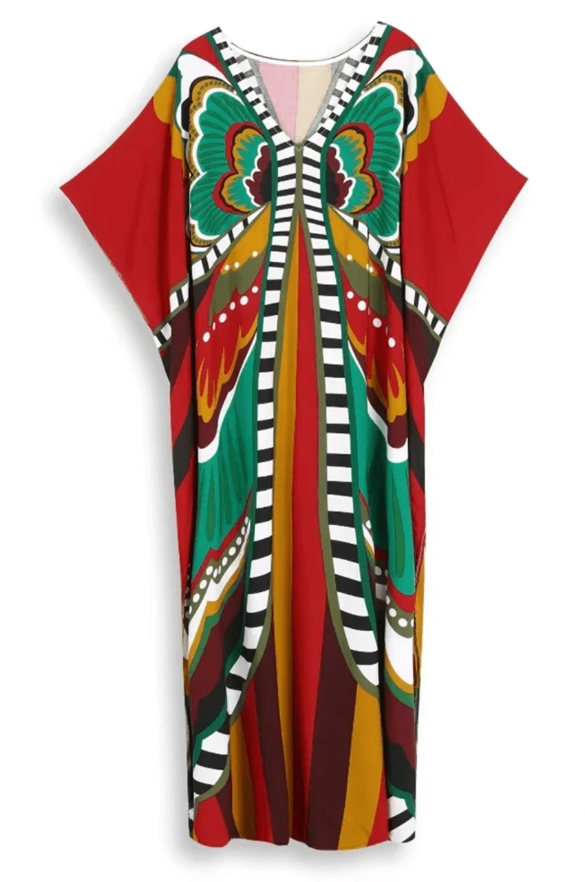 Liorah red boho kaftan on hanger showing full dress and print