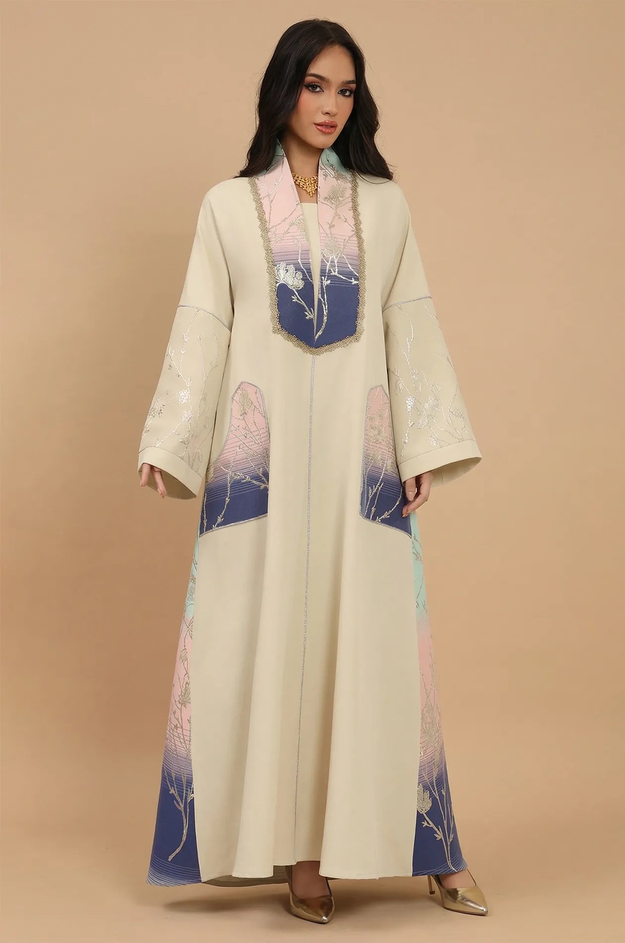 Full front view of the Liorra Dark Blue Kaftan Ombre featuring intricate gold floral branch embroidery on a cream modest silhouette.