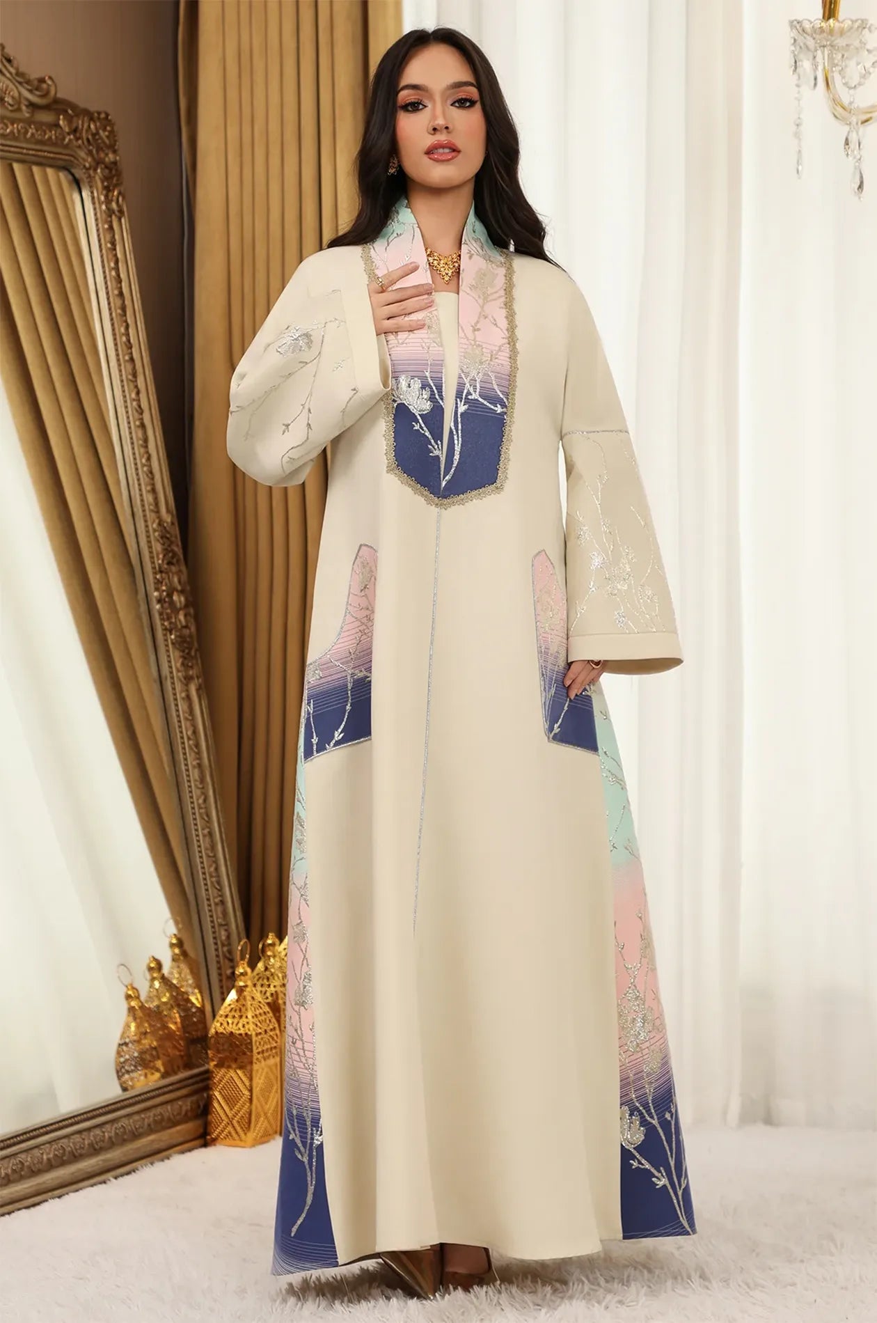 Close-up of the Liorra Dark Blue Kaftan Ombre showing the high-density gold stitching and the contrast between the dark blue hem and cream bodice.