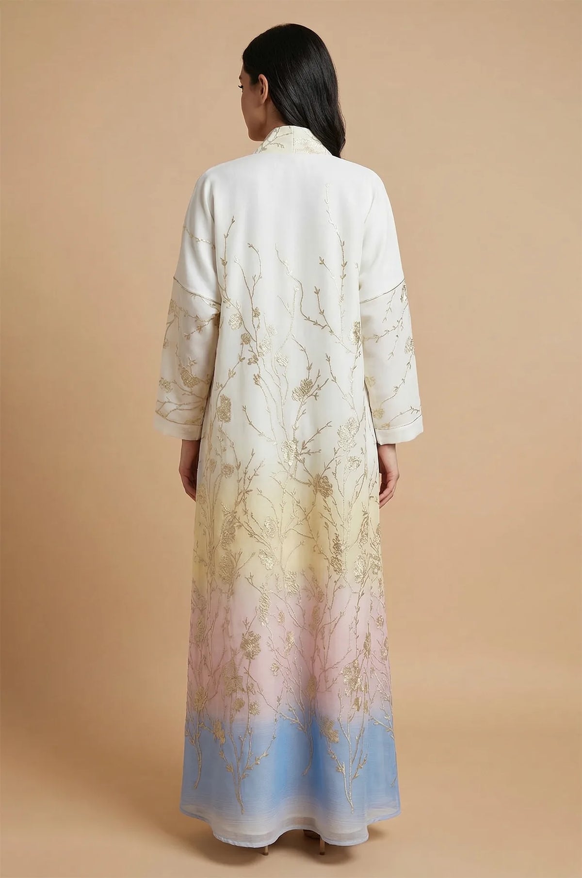 Back view of the Liorra Light Blue Kaftan Ombre displaying the artistic color transition from soft cream to azure blue.