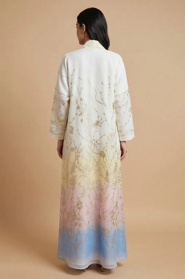 Back view of the Liorra Light Blue Kaftan Ombre displaying the artistic color transition from soft cream to azure blue.