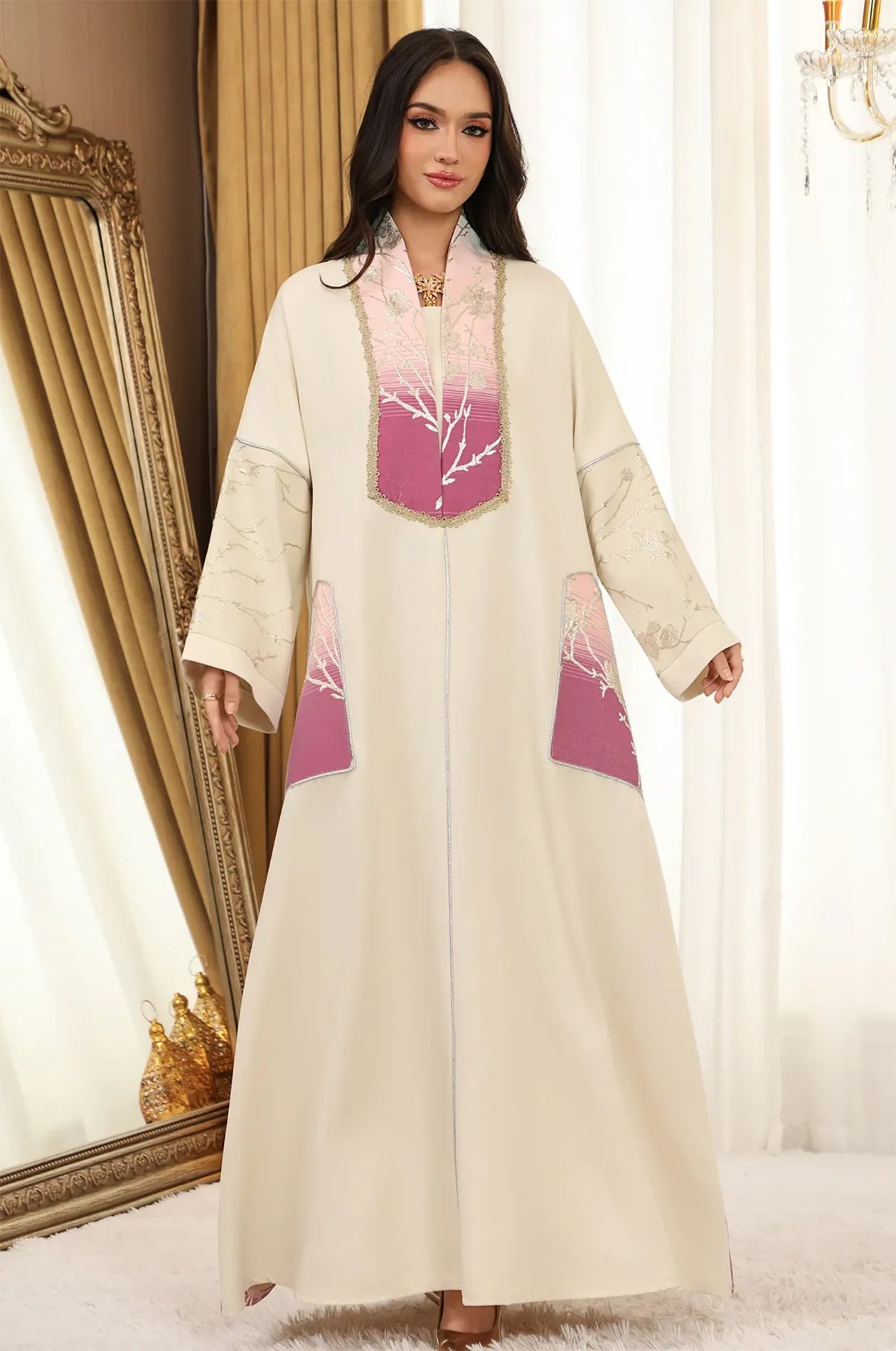 Full-length front shot of the Liorra Pink Kaftan Ombre featuring wide traditional sleeves and a shimmering metallic neckline trim.