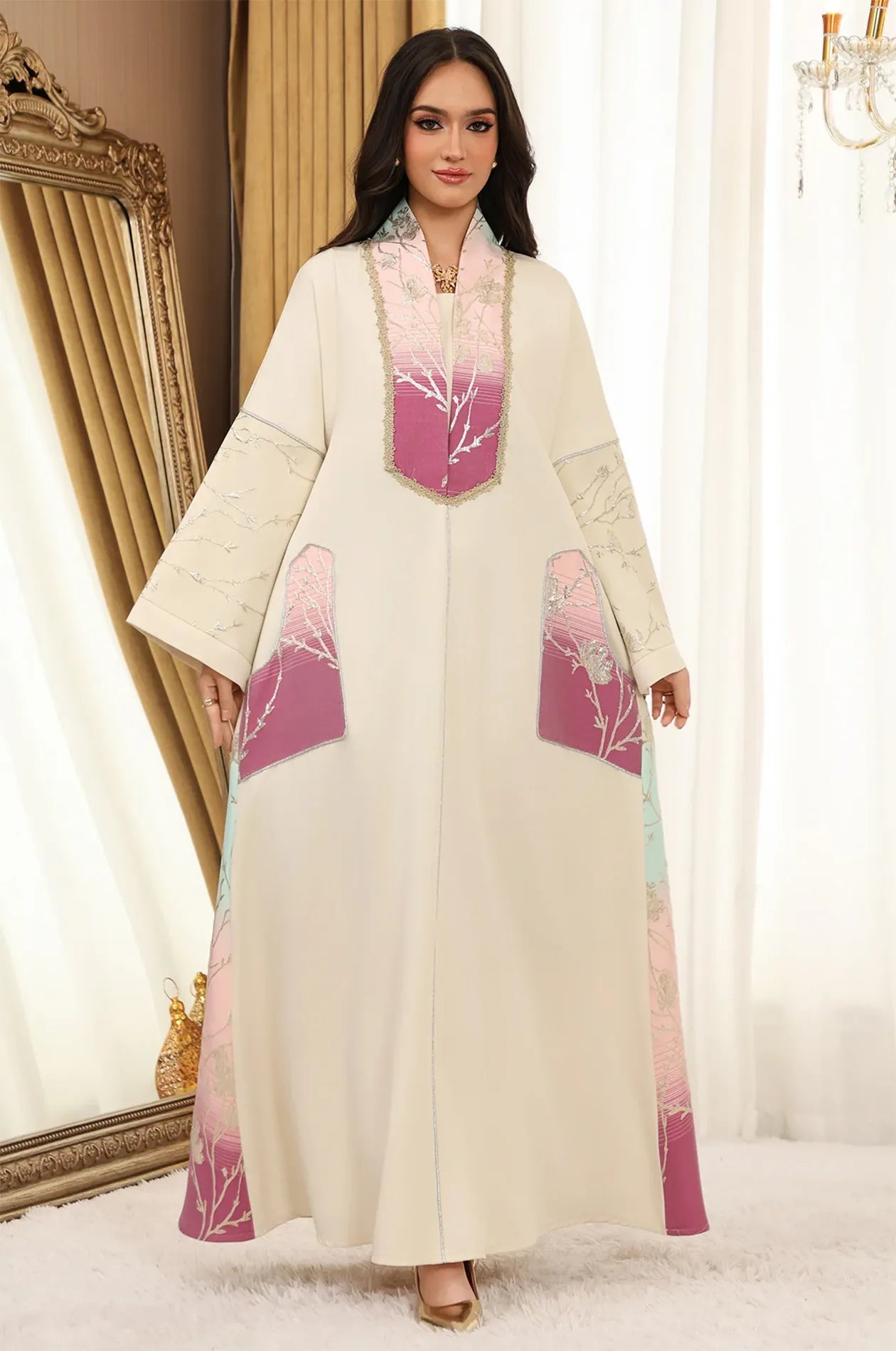 Full frontal presentation of the Liorra Pink Kaftan Ombre standing in a luxury interior setting, ideal for weddings and gala events.