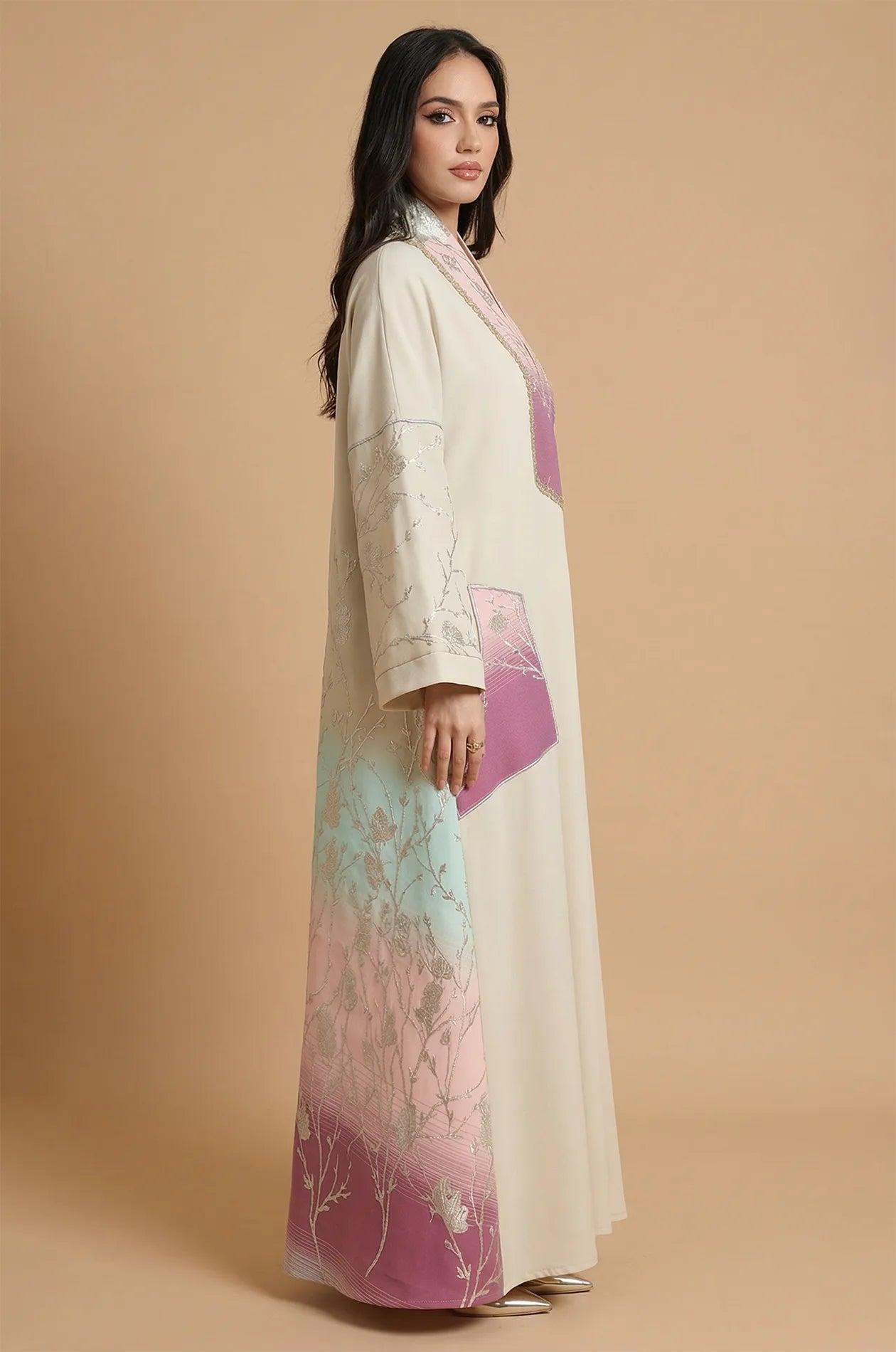 Side profile of the Liorra Pink Kaftan Ombre highlighting the embroidered side pocket and the elegant flow of the modest silhouette.