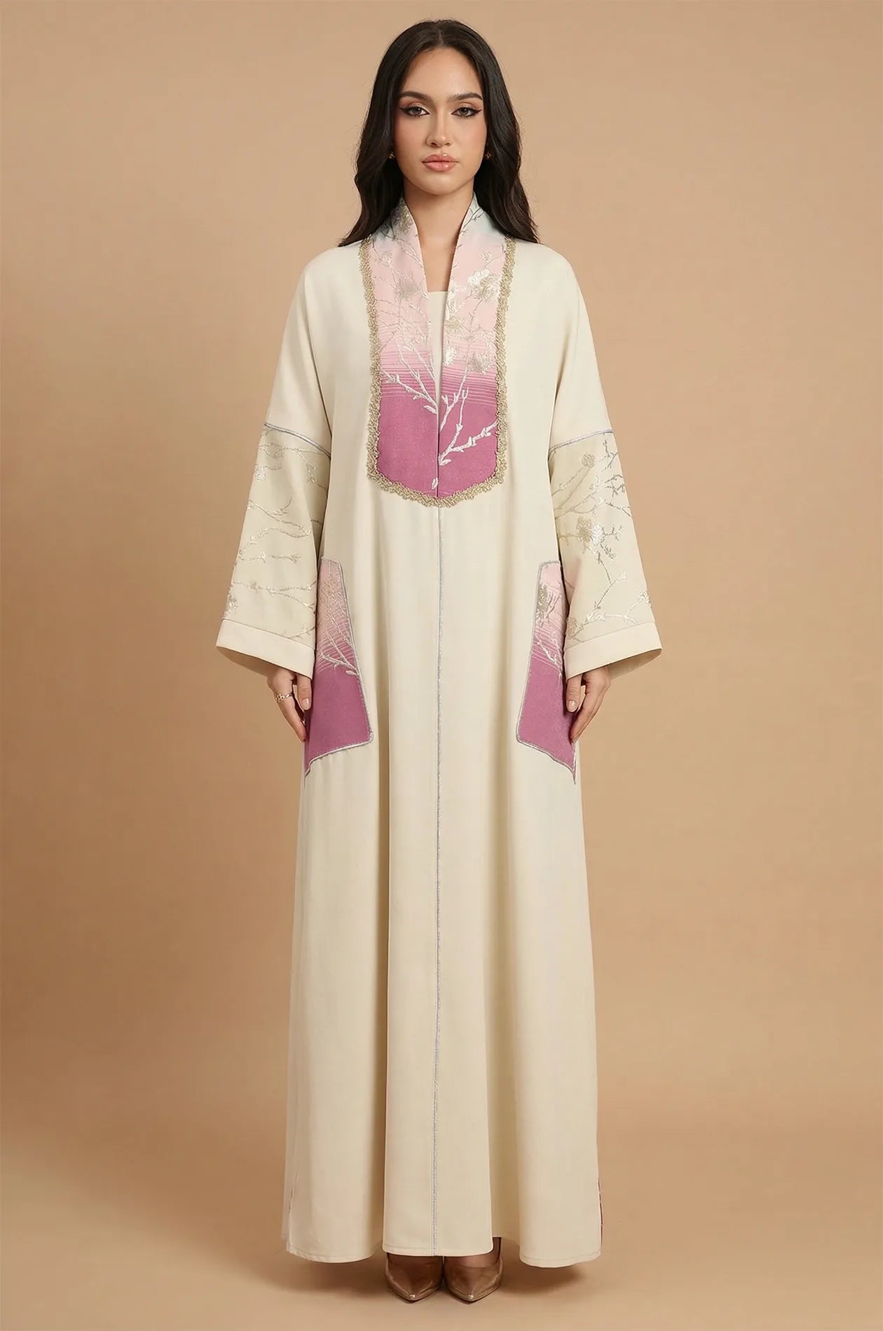 Straight-front studio view of the Liorra Pink Kaftan Ombre by Naylara, illustrating the high-quality gradient fabric transition.