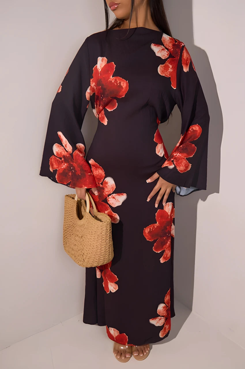 Model wearing Liyana black floral maxi kaftan full length