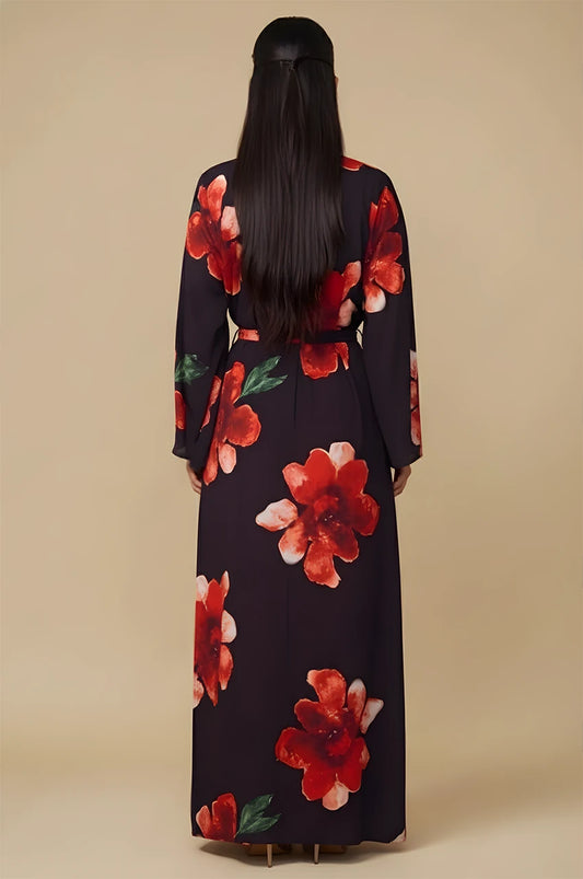 Liyana black floral print kaftan maxi dress back view with red watercolor flowers
