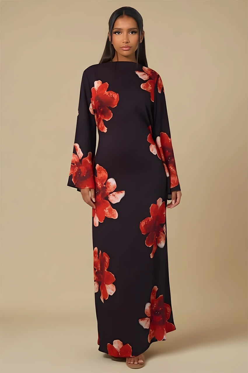 Liyana black floral print kaftan maxi dress front view with oversized red floral design