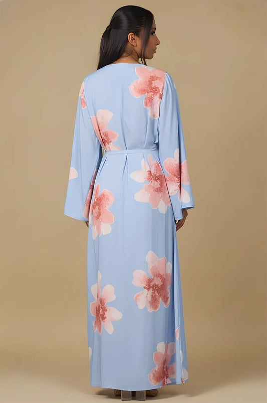 Back view of Liyana sky blue floral print kaftan – long pastel blue dress with pink flower prints