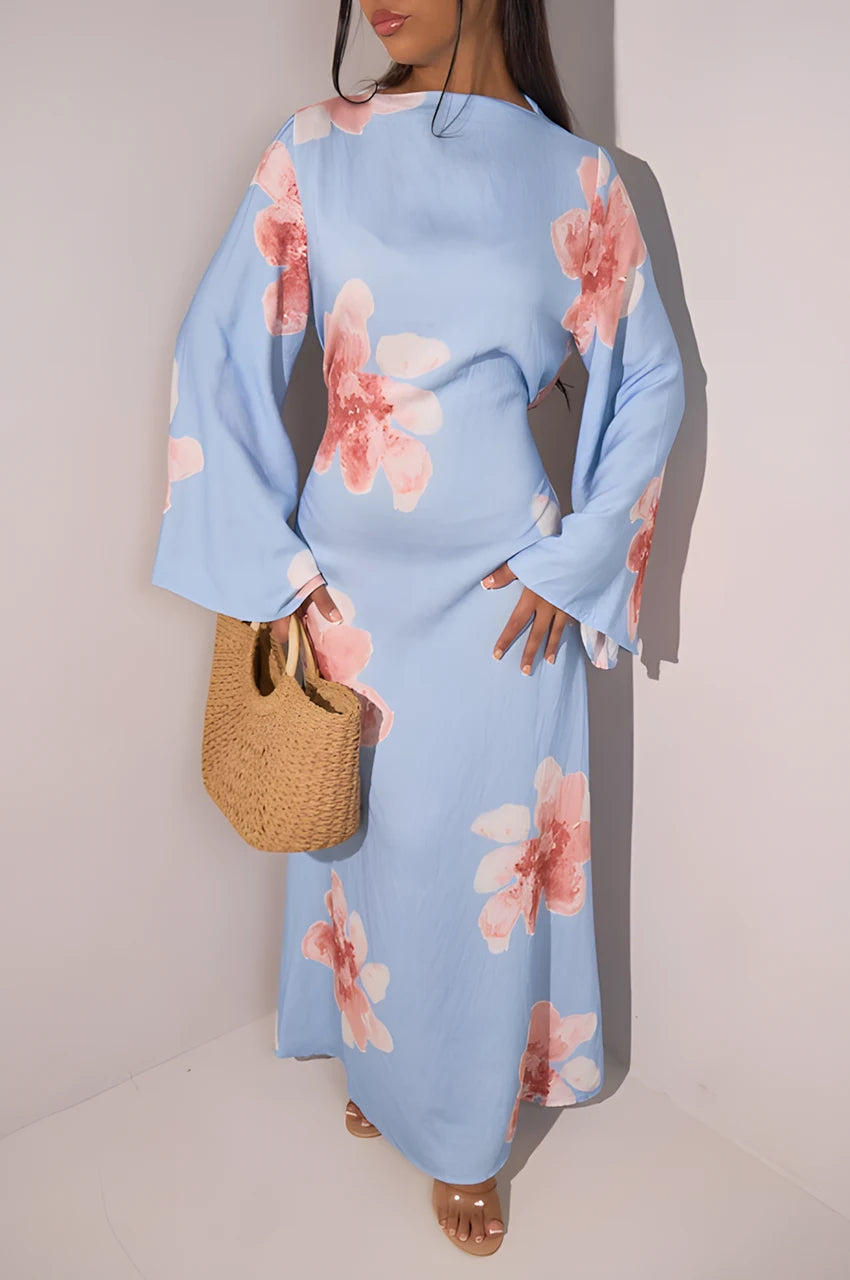 Liyana sky blue floral print kaftan close-up front view with pink flower details