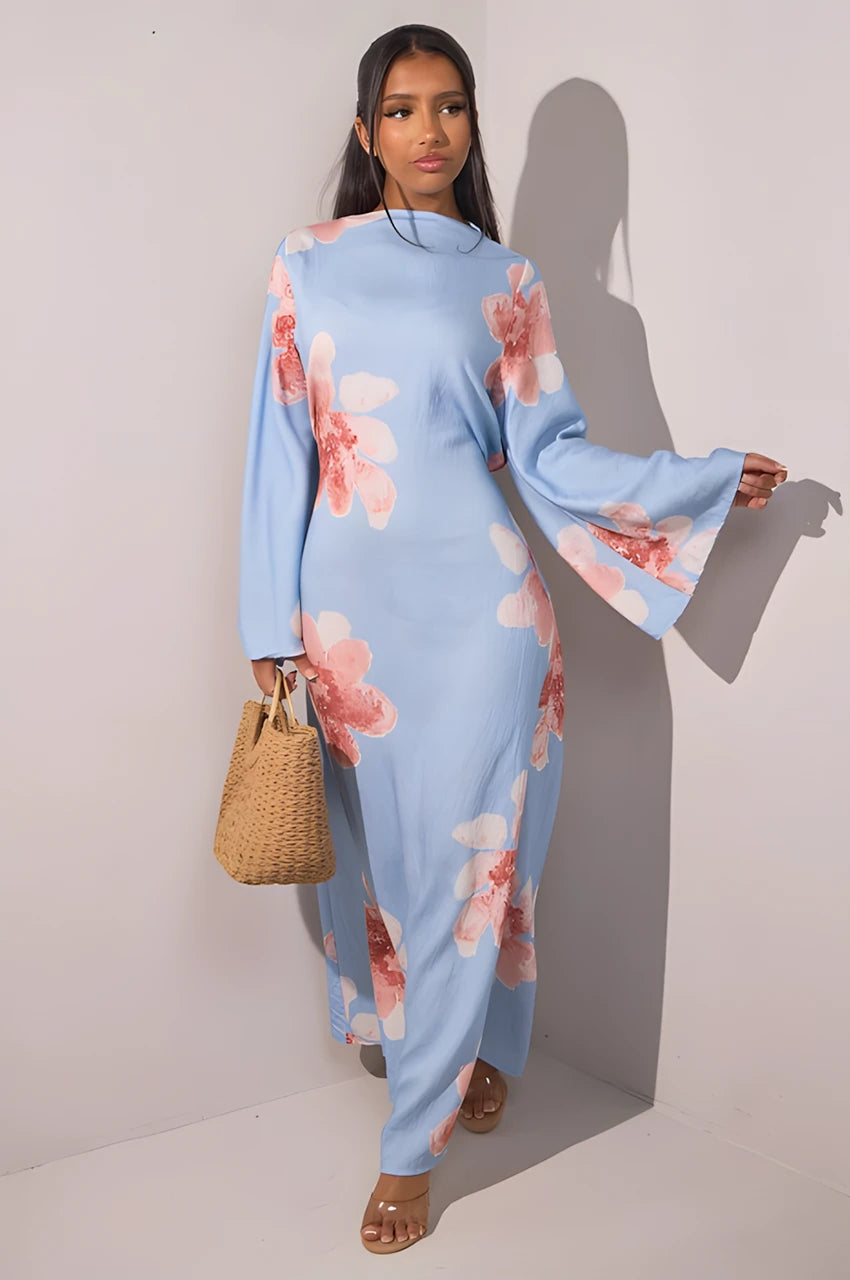 Liyana sky blue floral print kaftan front view under studio light and soft shadow