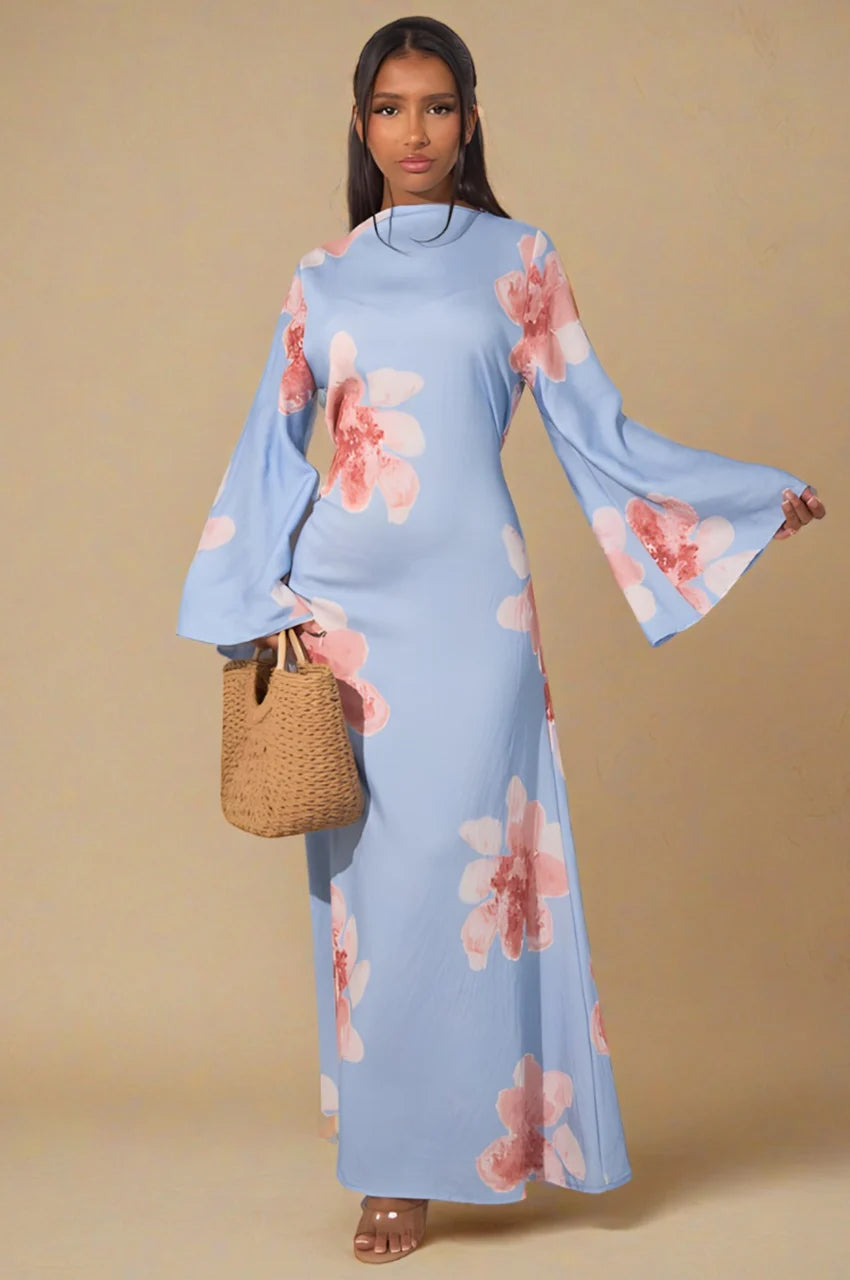Liyana sky blue floral print kaftan front studio shot – flowy long-sleeve floral kaftan dress