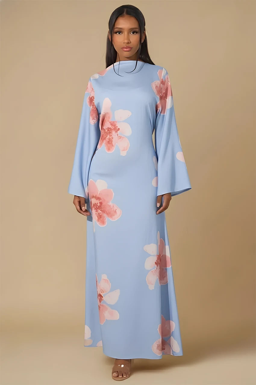 Liyana sky blue floral print kaftan maxi dress front view – elegant sky blue kaftan with pink flower pattern
