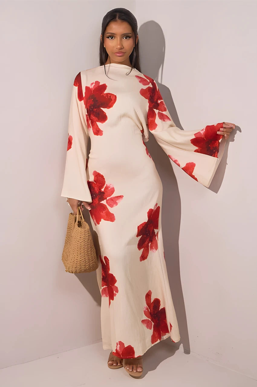 Elegant white floral print kaftan maxi dress with red blossoms – full front view