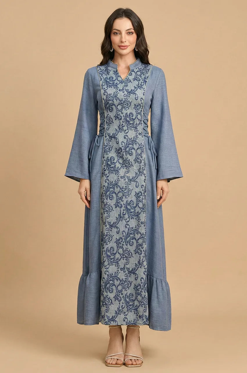 Front view of Lumis light blue kaftan featuring a baroque print center panel and bell sleeves.