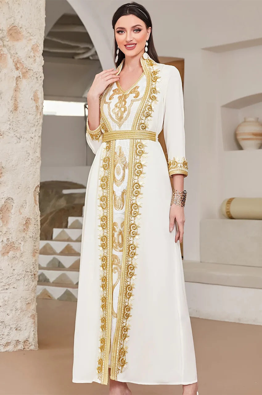 Front view of the luxury SORAI white chiffon kaftan dress with gold Sfifa embroidery.