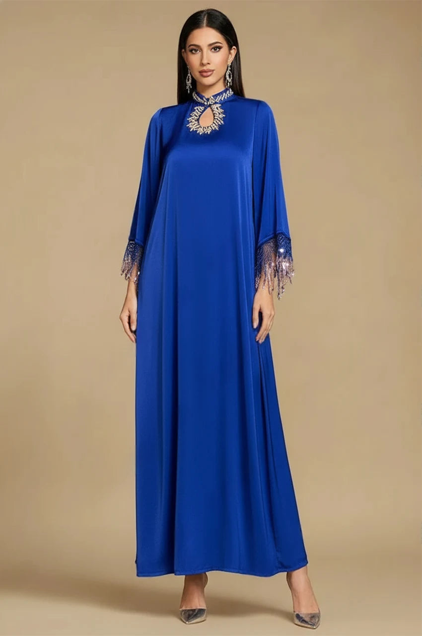 Elegant blue fringed kaftan dress with keyhole neckline and flowing silhouette