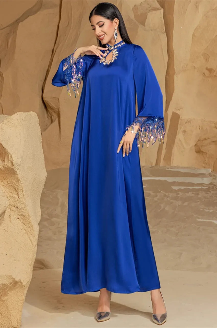 Kaftan Dress - Eid Celebration & Party Wear - Crystal Fringe Sequin Sleeves - Silky Satin - US 0-2