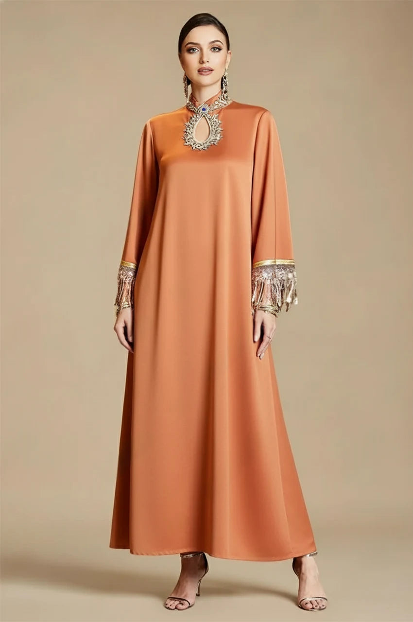 Luzia Orange Fringed Kaftan with embellished keyhole neckline and metallic fringe sleeves