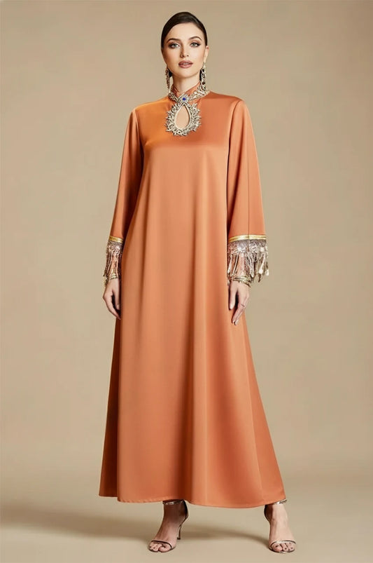 Luzia Orange Fringed Kaftan with embellished keyhole neckline and metallic fringe sleeves