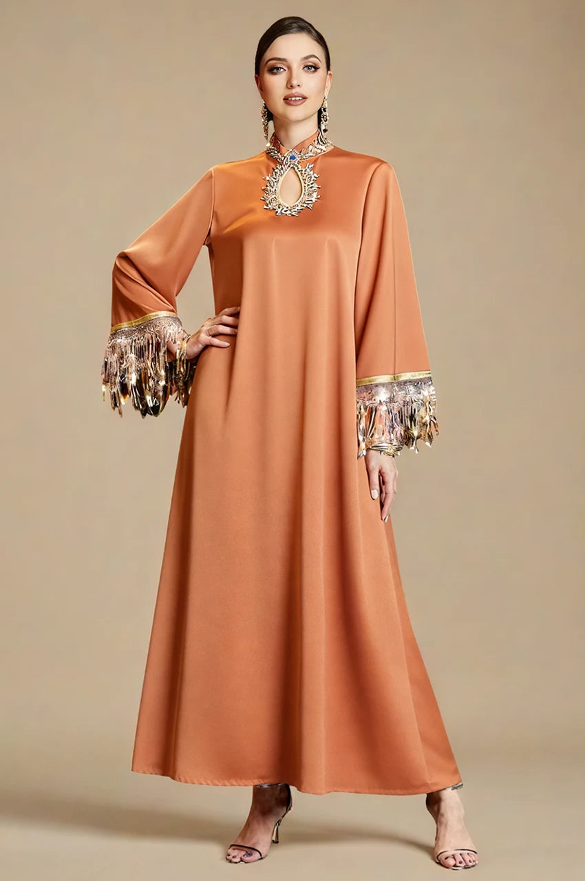 Front view of Luzia orange fringed kaftan with embellished neckline