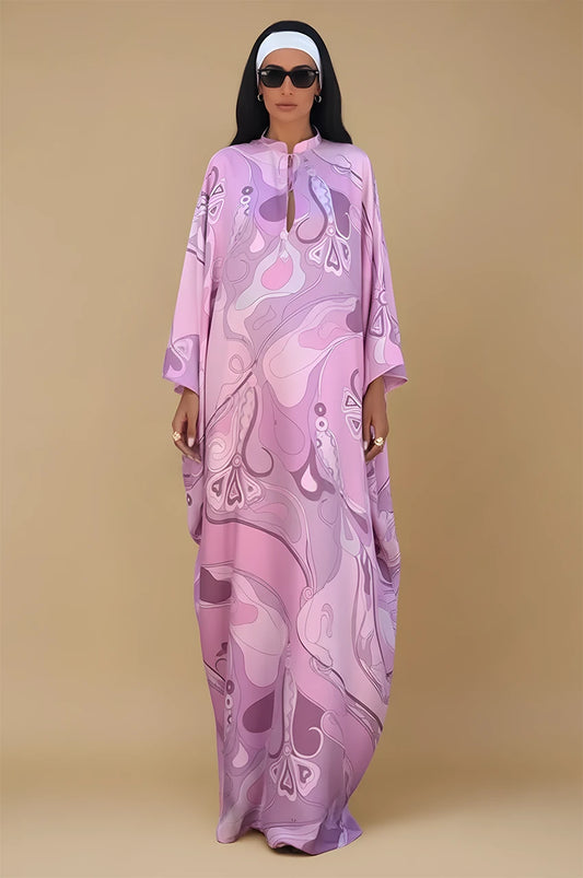 Front view of Lyra Pink Floral Kaftan Dress with soft pink abstract print
