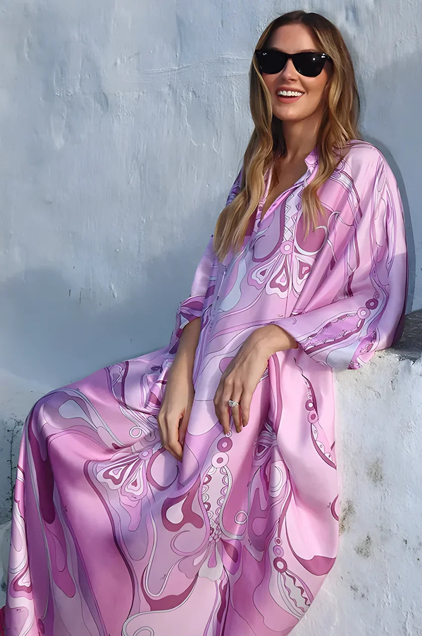 Lyra Pink Floral Kaftan Dress worn outdoors in sunlight