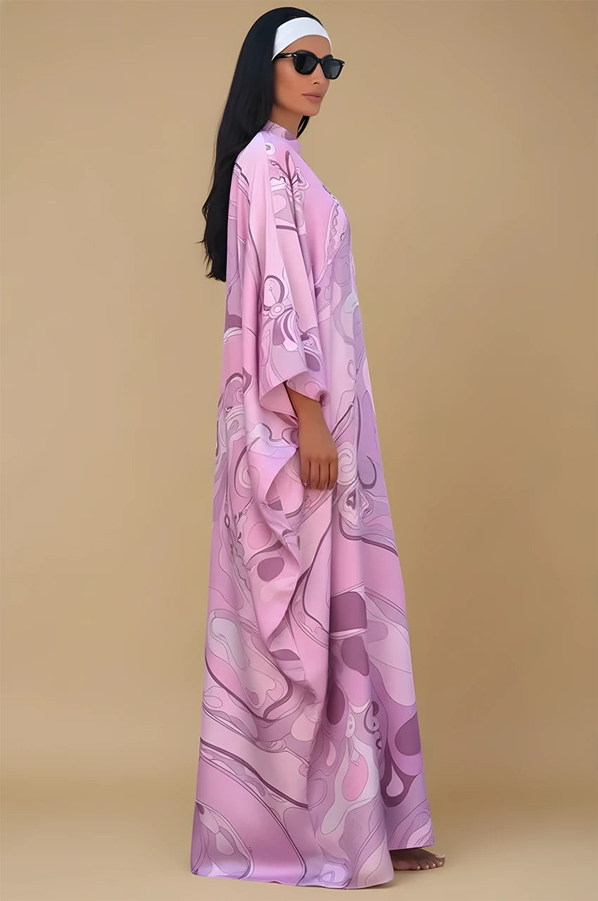 Side view of Lyra Pink Floral Kaftan Dress showing flowing silhouette