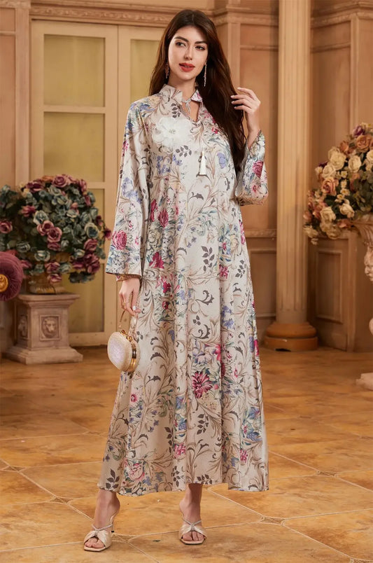 Full-length view of the Lyris multicolor floral satin kaftan maxi dress at Naylara.