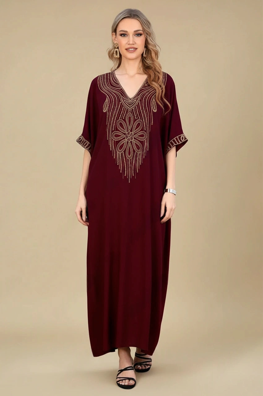 Maela Chocolate Kaftan front view with embellished gold neckline