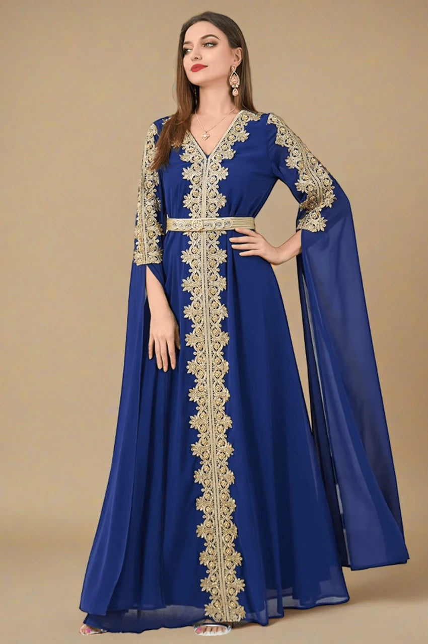 Angled view of Maelis Blue Moroccan Traditional Kaftan with gold detailing