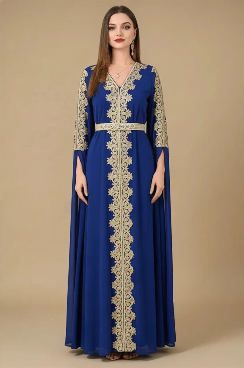 Front view of Maelis Blue Moroccan Traditional Kaftan featuring gold embroidered panel and belt