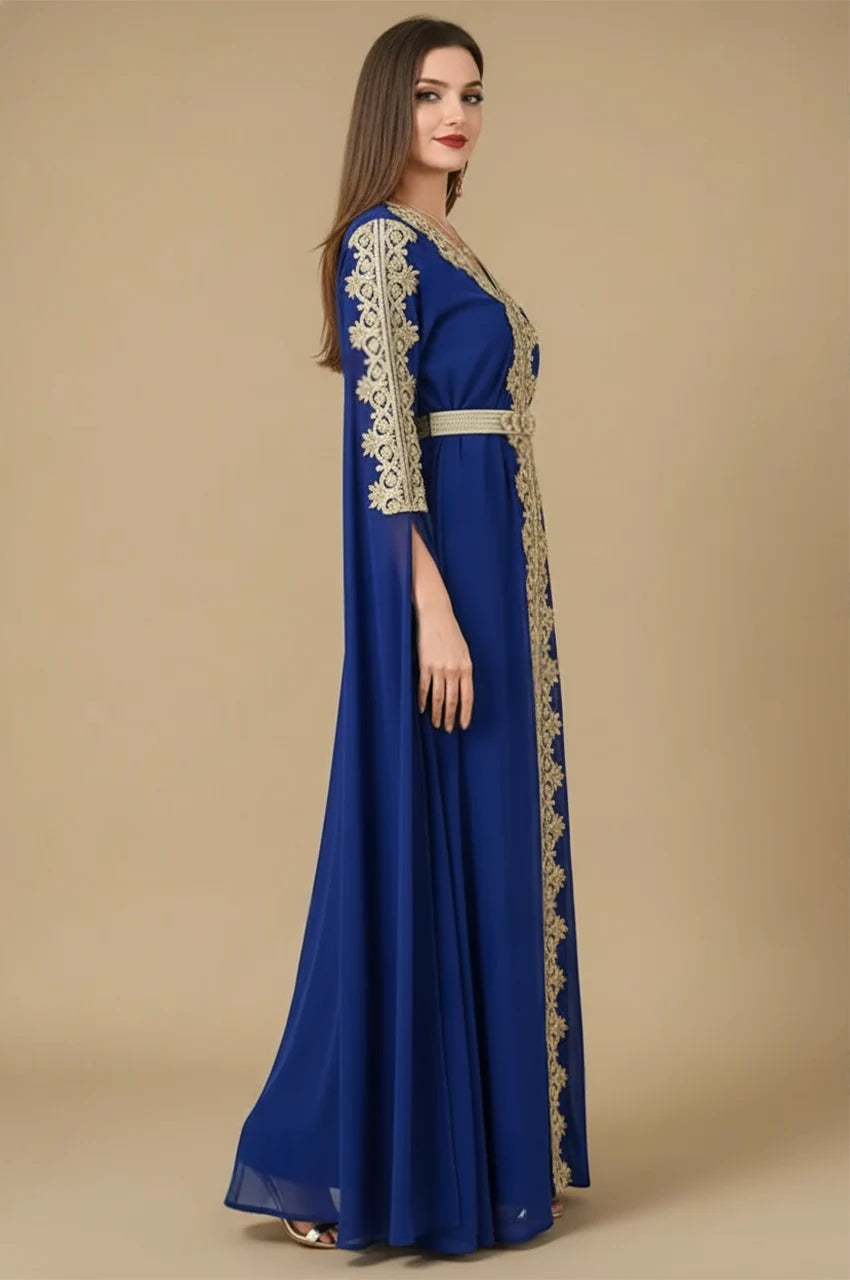 Side view of Maelis Blue Moroccan Traditional Kaftan with flowing cape sleeves