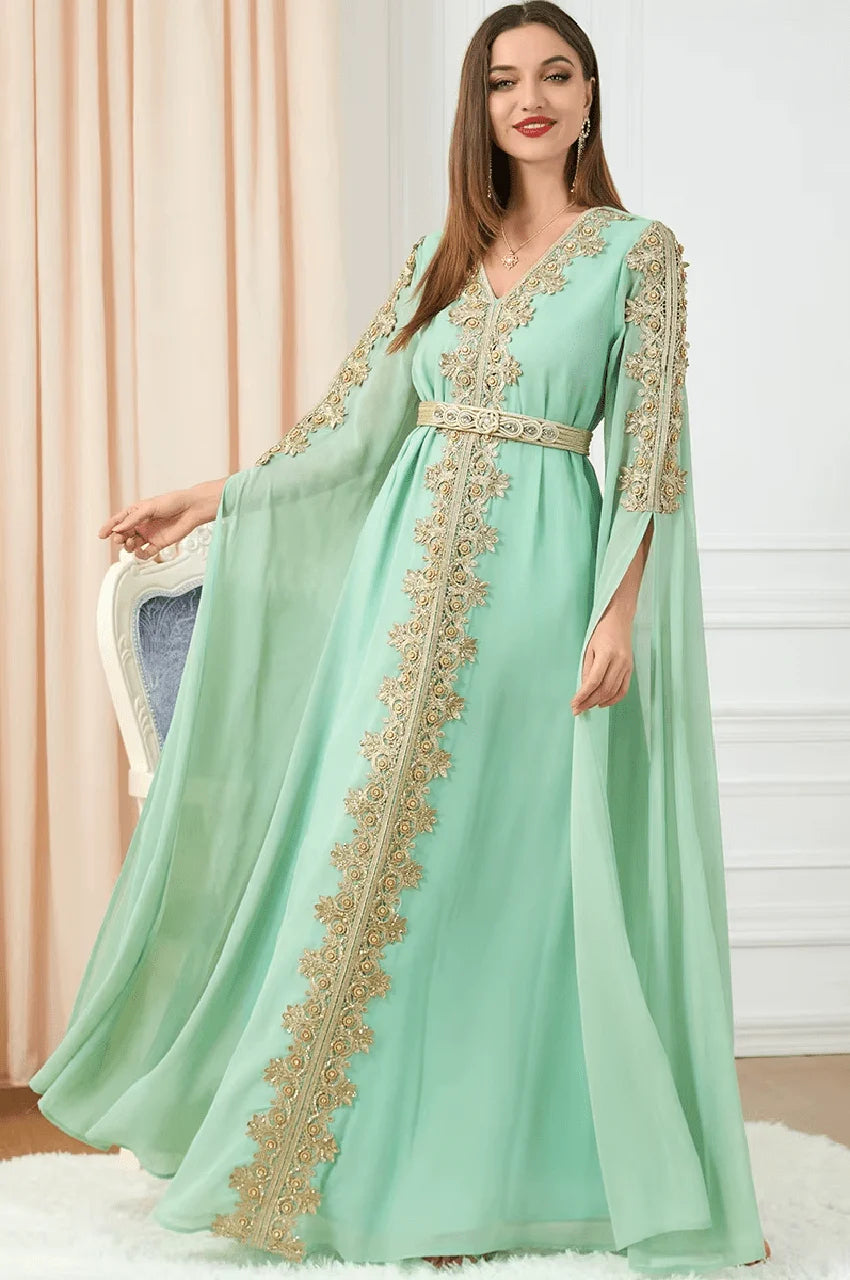 Flowing cape sleeves of Maelis green Moroccan traditional kaftan in chiffon