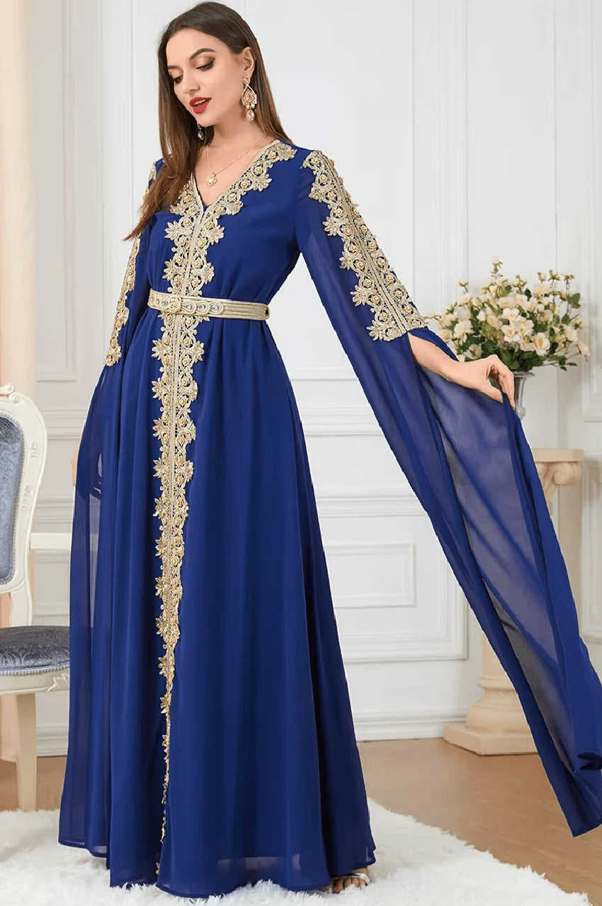 Flowing cape sleeves of Maelis navy blue Moroccan traditional kaftan with embroidery