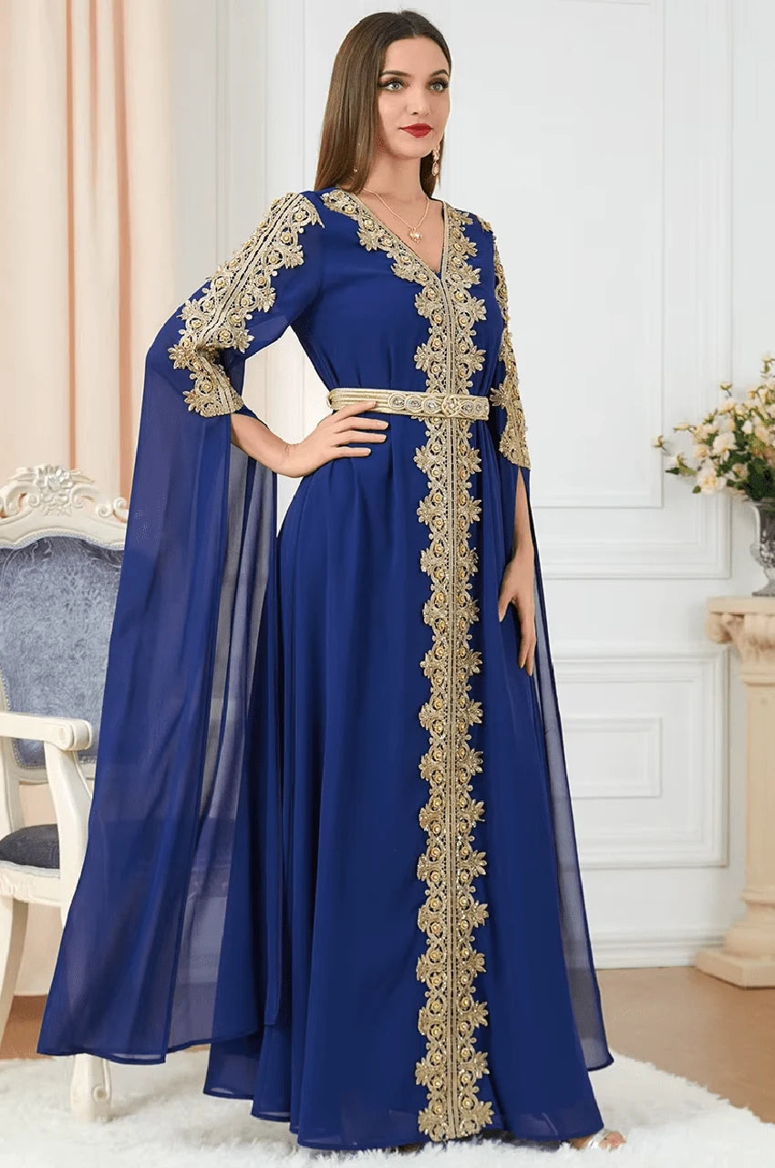 Side angle of Maelis navy blue Moroccan kaftan with embroidered cape sleeves