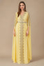 Maelis yellow Moroccan traditional kaftan with gold embroidery front view