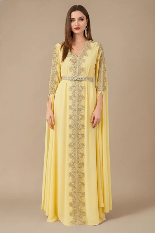 Maelis yellow Moroccan traditional kaftan with gold embroidery front view